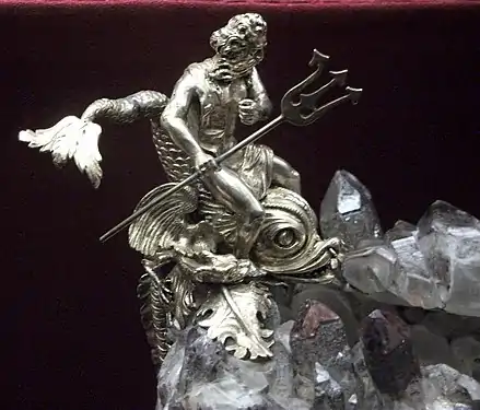 Detail of a silver Neptune in the mount of a crystal piece, probably by Reinhold Vasters about 1865–70, despite spurious 16th-century marks on the metal.