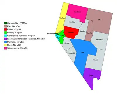 Map of the nine core-based statistical areas in Nevada.