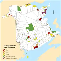 Map showing locations of all of New Brunswick's municipalities