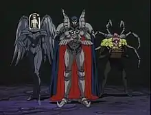 Three animated characters—a girl with dark red hair in a tall black humanoid robot's domed cockpit, a tall armored blue-haired man, and a purple-haired man with robotic spider legs on his back and a box in his hands—stand side-by-side.