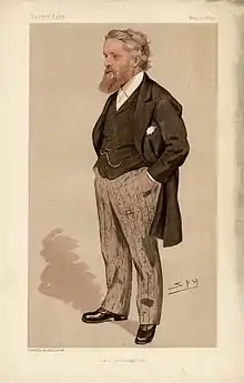  Drawing of a heavily bearded man, hands in pockets, wearing a black tailed coat, striped trousers, waistcoat and watch chain.