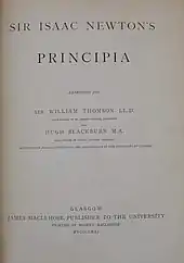 Title page in a 1871 copy of "Philosophiae Naturalis Principia Mathematica" by Isaac Newton, with dedication to Blackburn and William Thomson