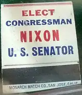 back of a matchbook, stating "ELECT CONGRESSMAN NIXON US SENATOR"