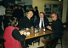 Photo with Noël Godin (left) in Harelbeke, Belgium with his producer Francis De Smet and his director Jan Bucquoy.