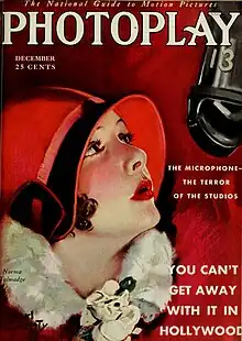 Magazine cover with illustration of a young woman wearing a form-fitting red hat staring up at a suspended microphone. Accompanying text reads, "The Microphone—The Terror of the Studios", and, in larger type, "You Can't Get Away With It in Hollywood".