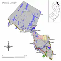 Map of North Haledon in Passaic County. Inset: Location of Passaic County highlighted in the State of New Jersey.