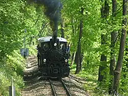 Historic train on the Nagy-Hárs-hegyi section of the children's railway near Hárs-hegy railway station