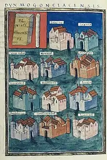 Notitia Dignitatum: the castra and fortified towns under the command of the Dux Mogontiacensis