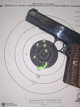 Handgun and paper target showing grouping of ten shots