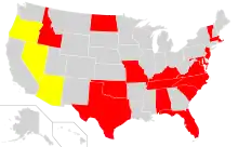 A map of the United States with Alabama, Florida, Idaho, Kentucky, Maryland, Massachusetts, Missouri, New Jersey, North Carolina, North Dakota, South Carolina, Tennessee, Texas and Vermont marked in red to designate the states with official horse breeds or states that have horses or horse breeds as their official state animal. Arizona and Oregon are marked in yellow to designate that they have had proposed state horse breeds.