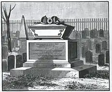 An old print of the firemen's monument in its original place