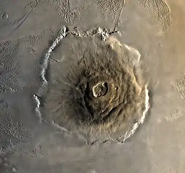 Image 16Olympus MonsImage credit: United States Geological SurveyA composite image of Olympus Mons on Mars, the tallest known volcano and mountain in the Solar System. This image was created from black-and-white imagery from the USGS's Mars Global Digital Image Mosaic and color imagery acquired from the 1978 visit of Viking 1.More selected pictures