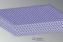 A diagram of an opal's molecular structure, showing small lilac spheres packed in misaligned sheets on top of each other. The legend shows that one sphere has a diameter of 150–300 nanometres.