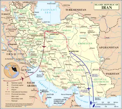 Planned and actual routes for Operation Eagle Claw