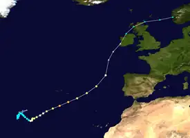 A map plotting the track and intensity of Hurricane Ophelia at 6-hour intervals during its October 9–15, 2017, lifetime.