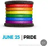 An Oreo cookie with multiple fillings in rainbow colors followed by the caption "June 25, Pride."