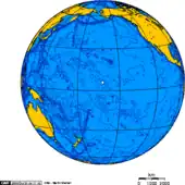 An orthographic projection map centered over Palmyra and showing its position in the middle of the Pacific