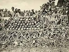 The remains of Serbs executed by Bulgarian soldiers in the Surdulica massacre during World War I. An estimated 2,000–3,000 Serbian men were killed in the town during the first months of the Bulgarian occupation of southern Serbia.