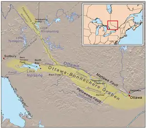 Map of the Ottawa-Bonnechere and Timiskaming grabens