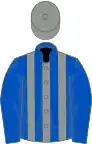 Royal blue and grey stripes, royal blue sleeves, grey cap