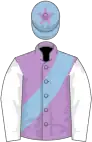 Mauve, light blue sash, white sleeves, light blue cap, mauve star