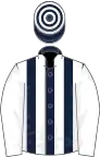 Dark blue and white stripes, white sleeves, hooped cap