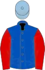 Royal blue, red sleeves, light blue cap