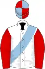 White, light blue sash, red sleeves, red and light blue quartered cap