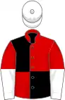 Red and black (quartered), red and white halved sleeves, white cap