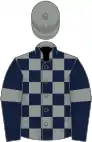 Grey and dark blue checked, dark blue sleeves, grey armlets, grey cap