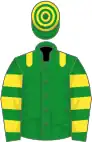 Green, yellow epaulets, hooped sleeves and cap