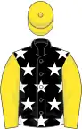 Black, white stars, yellow sleeves and cap