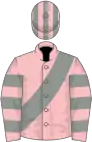 Pink, grey sash, hooped sleeves, striped cap