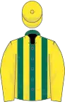 Dark green and yellow stripes, yellow sleeves and cap