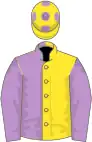 Yellow and mauve halved, mauve sleeves, Yellow cap, mauve spots