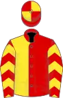 Red and yellow (halved), chevrons on sleeves, quartered cap