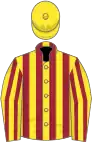 Yellow, maroon stripes, yellow cap