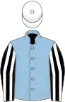 Light blue, black and white striped sleeves, white cap