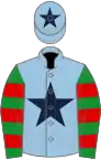 Light blue, dark blue star, green and red hooped sleeves, light blue cap, dark blue star