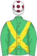 Emerald green, yellow cross-belts, white cap, maroon spots