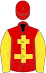 Maroon, yellow cross of lorraine and sleeves