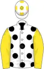 WHITE, black spots, yellow sleeves, white cap, yellow spots