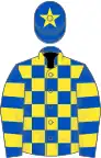 Royal blue and yellow check, hooped sleeves, blue cap, yellow star