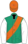 Emerald green, orange sash, white sleeves, orange cap