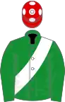 Green, white sash, red cap, white spots