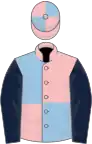 Pink and light blue quartered, dark blue sleeves, pink and light blue quartered cap