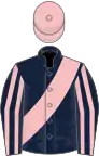 Dark blue, pink sash and stripes on sleeves, pink cap