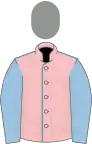 Pink, light blue seams and sleeves, grey cap