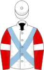 White, light blue cross-belts, red sleeves, white armlets and cap