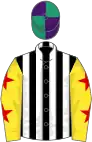 Black and white stripes, yellow sleeves, red stars, purple and emerald green quartered cap